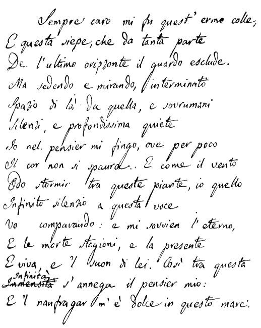 Una copia de l'Infinito di Giacomo Leoparti presso la Biblioteca Nazionale di Napoli